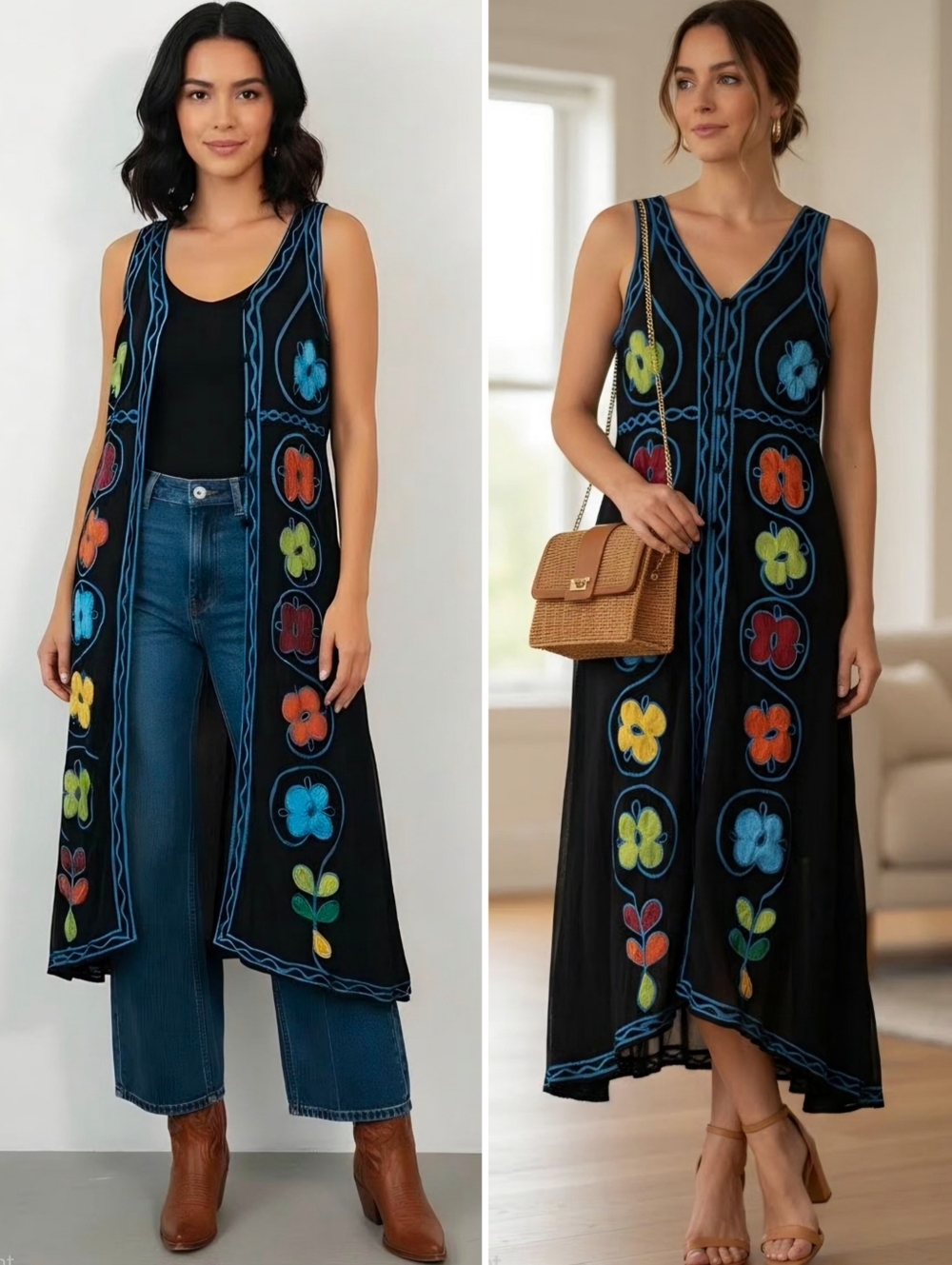 Roja Ethnic Bohemian Hand Embroidered Colorful Floral Mesh Side Slits Maxi Dress